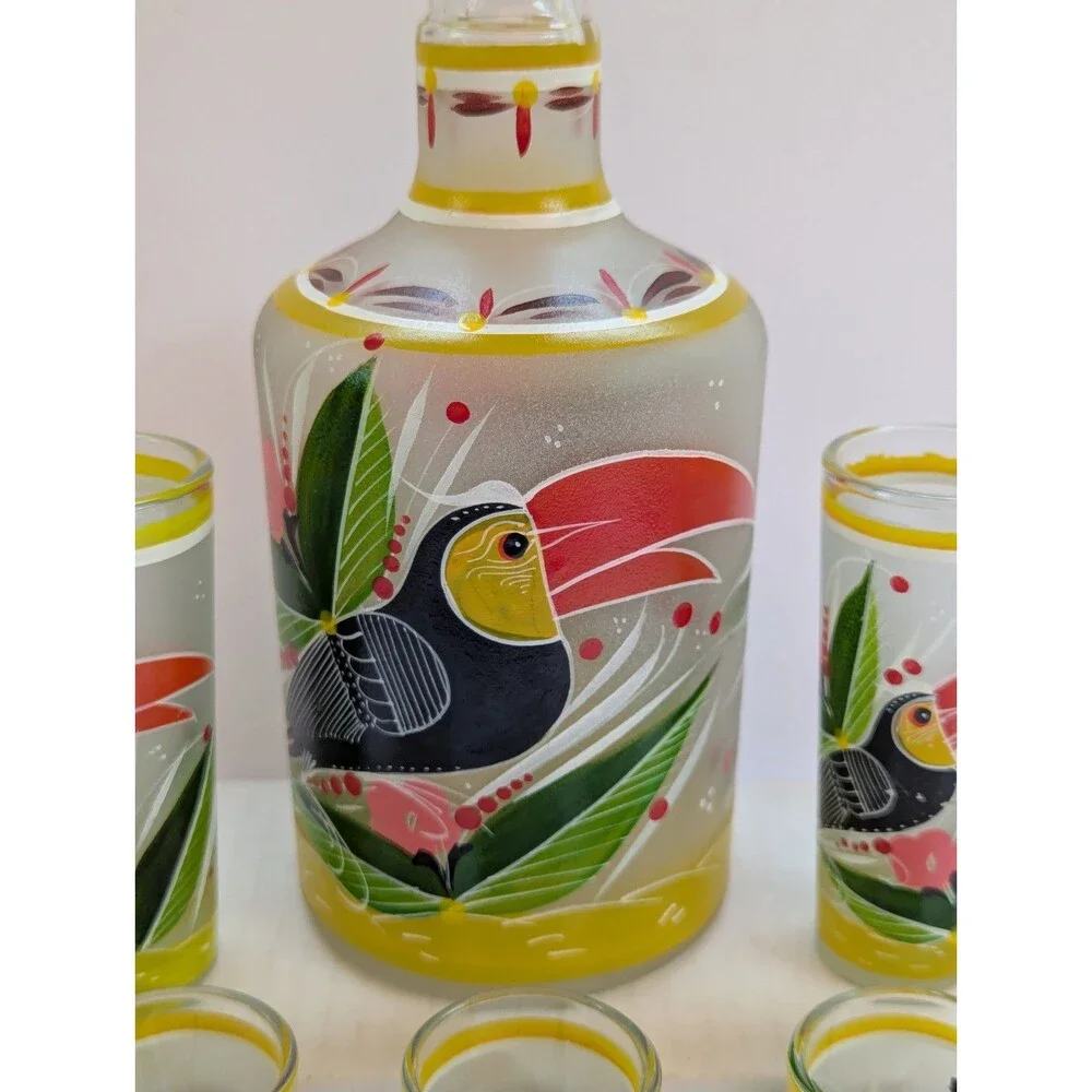 Tropical Toucan Bird Tequila Decanter And Shot Glass Set Hand Painted Frosted 9